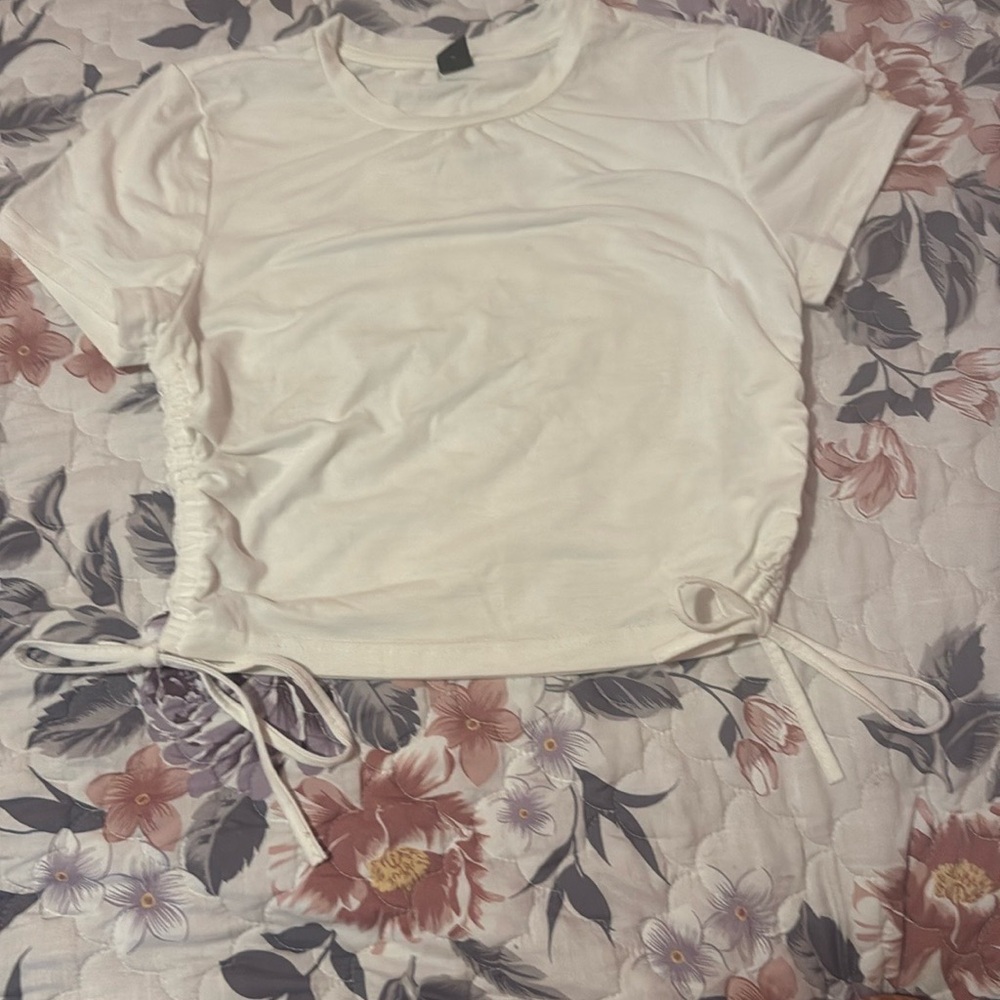 SHEIN Cream Polo Crop T-Shirt with Ruched Tie Front